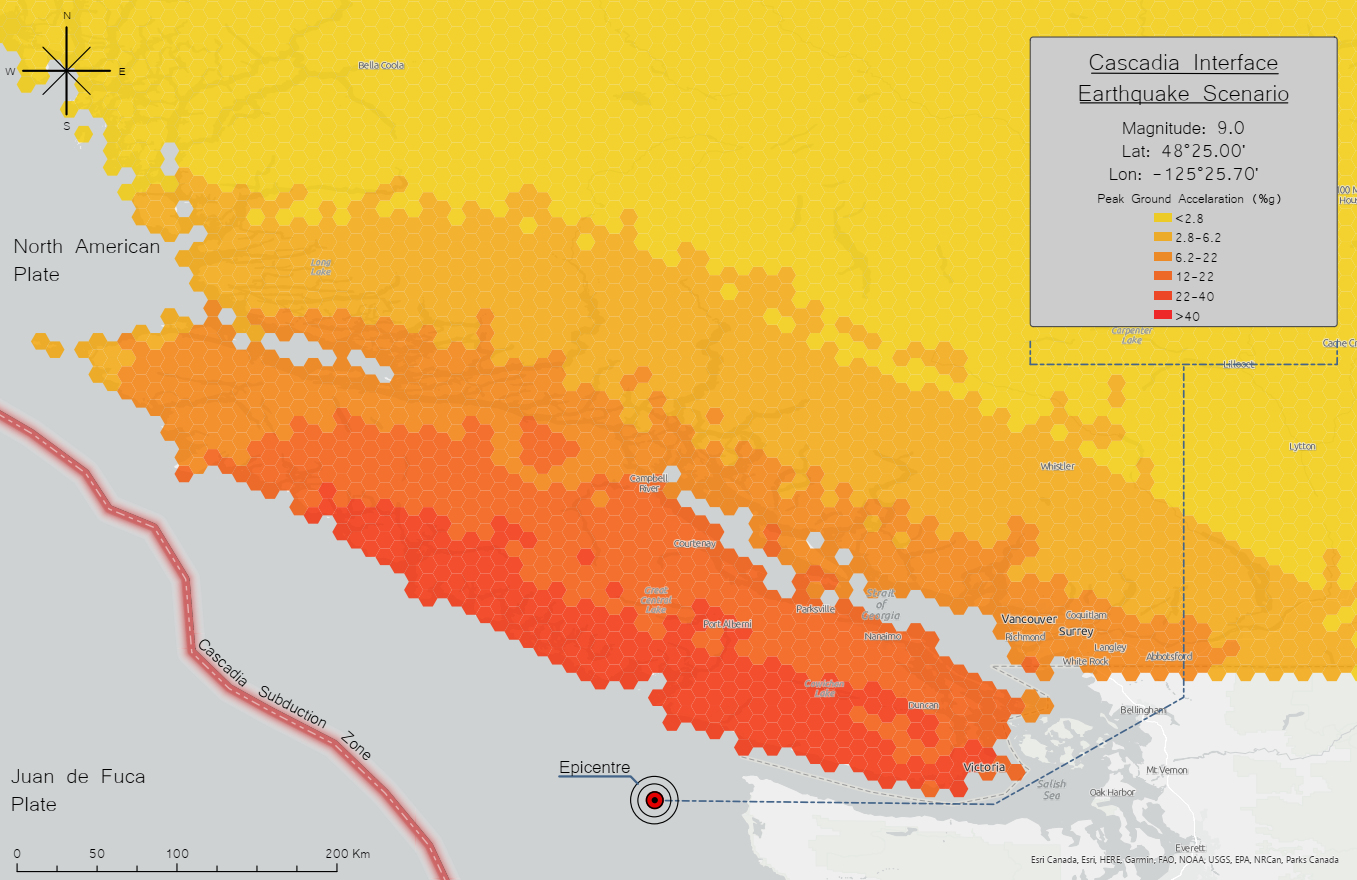 Carte montrant l’intensité des secousses dans la région de l’île de Vancouver à la suite d’un séisme de Cascadia